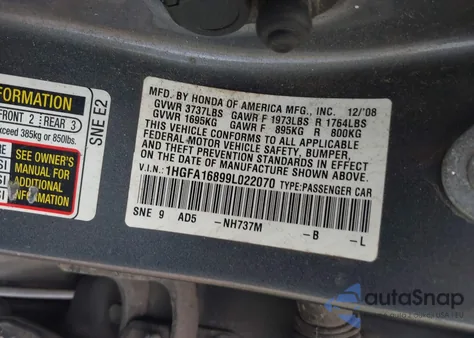 2009 Honda Civic Ex from USA, damaged, VIN 1HGFA16899L022070